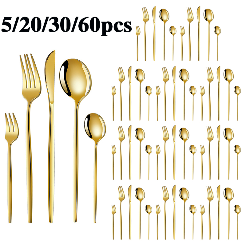 Gold Plated Cutlery - 5/20/30/60pcs cross-border stainless steel cutlery set,