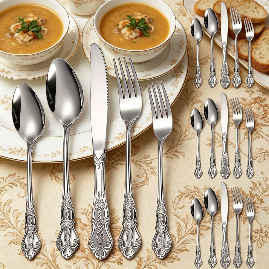 Gold Plated Cutlery - 20-piece premium elegant silver royal cutlery