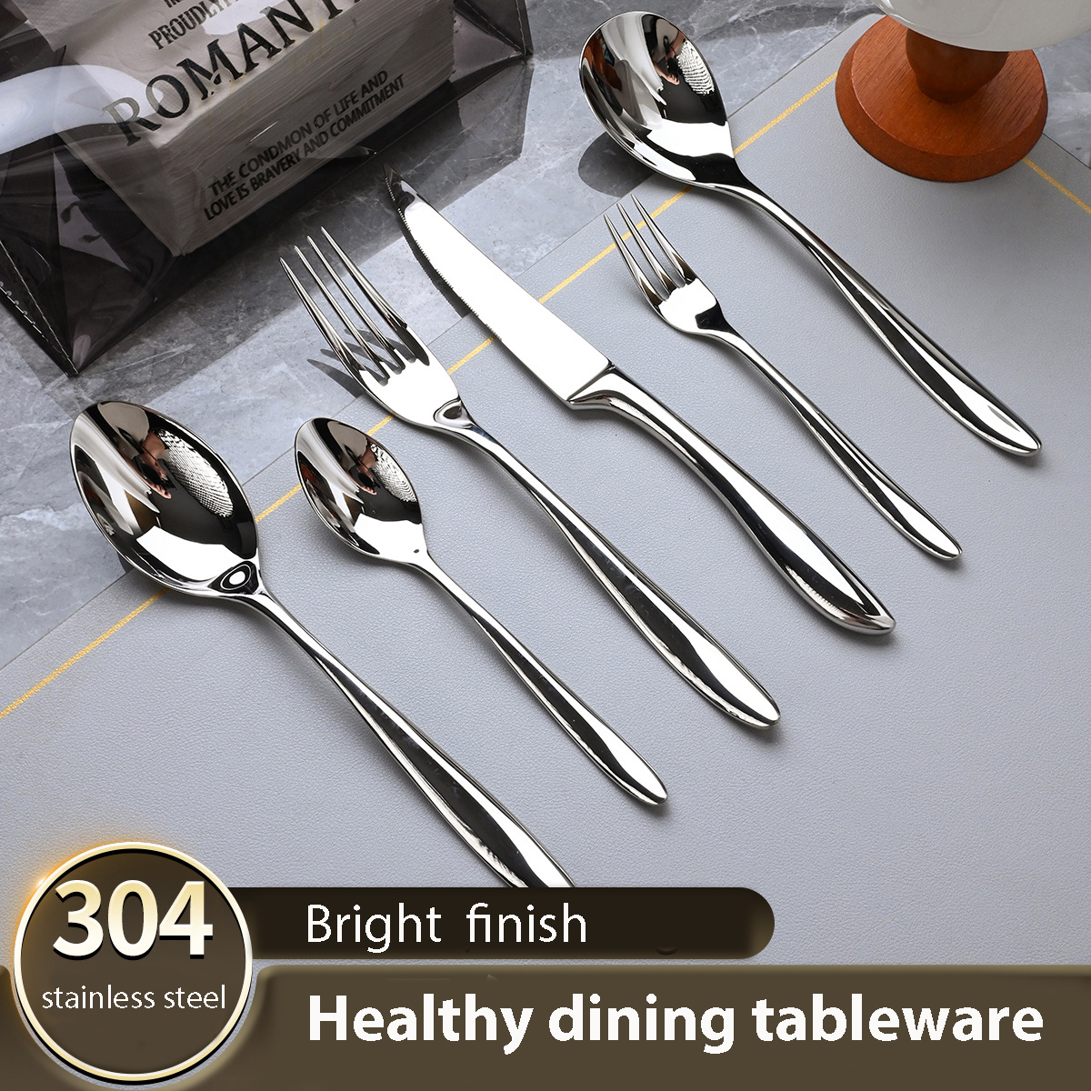 Gold Plated Cutlery - 6Pcs 304 Stainless Steel Flatware Set,